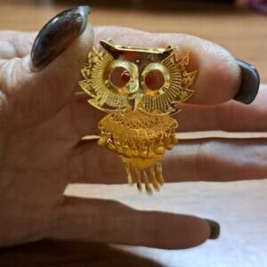 Vintage Pin or Pendant Goldtone Articulated Owl  Rhinestone Eyes 2" x 1 1/4"